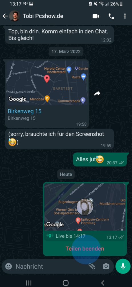 WhatsApp Live Standort teilen beenden