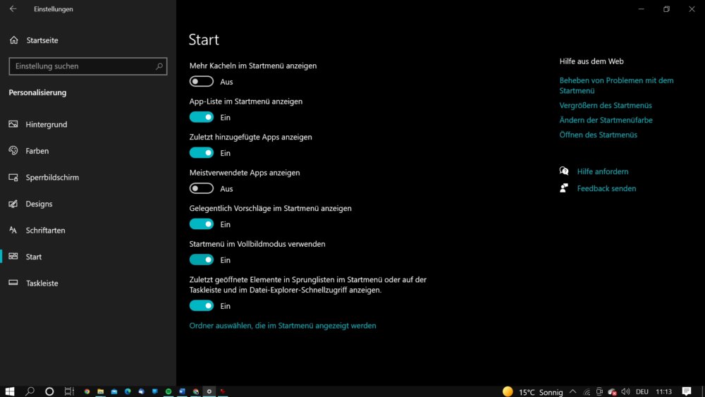 Windows 10 Startmenü anpassen über die Einstellungen