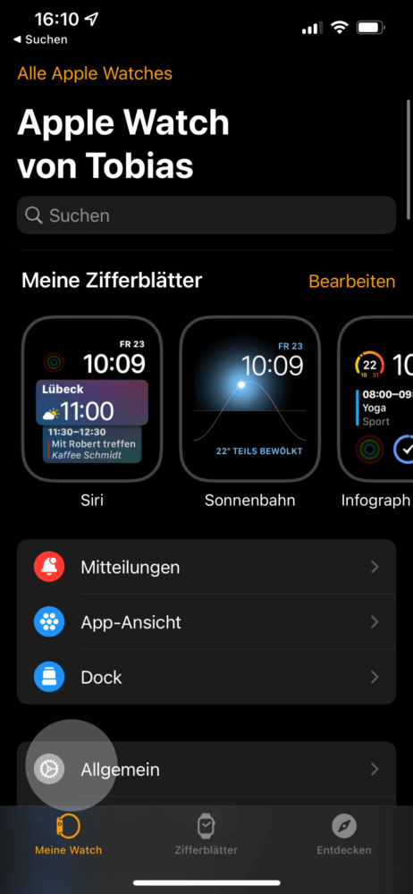 Gehe weiter zu "Allgemein" auf Apple Watches