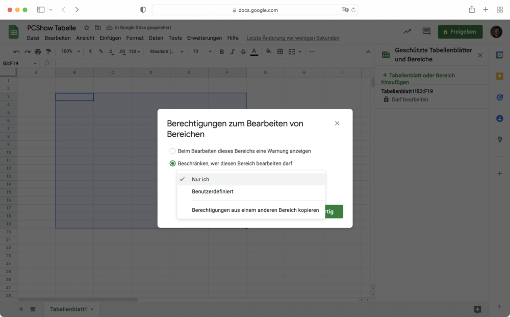 In Google Tabellen das Arbeitsblatt schützen