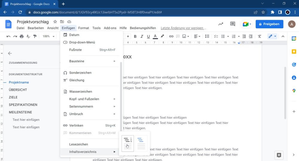 Inhaltsverzeichnis bei Google Docs erstellen für Gliederung
