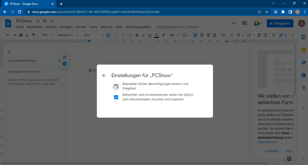 Google Docs zusammenarbeiten und Freigabe Einstellungen ändern