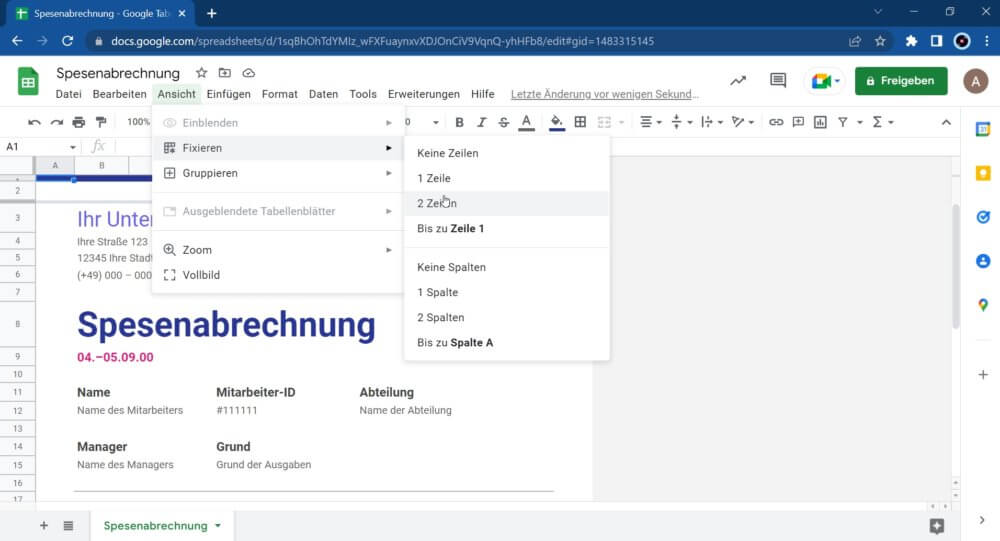 Google Tabellen Zeilen fixieren