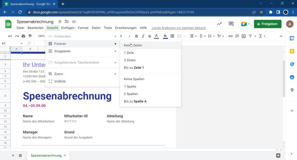 Google Tabellen Zeilen Fixierung aufheben
