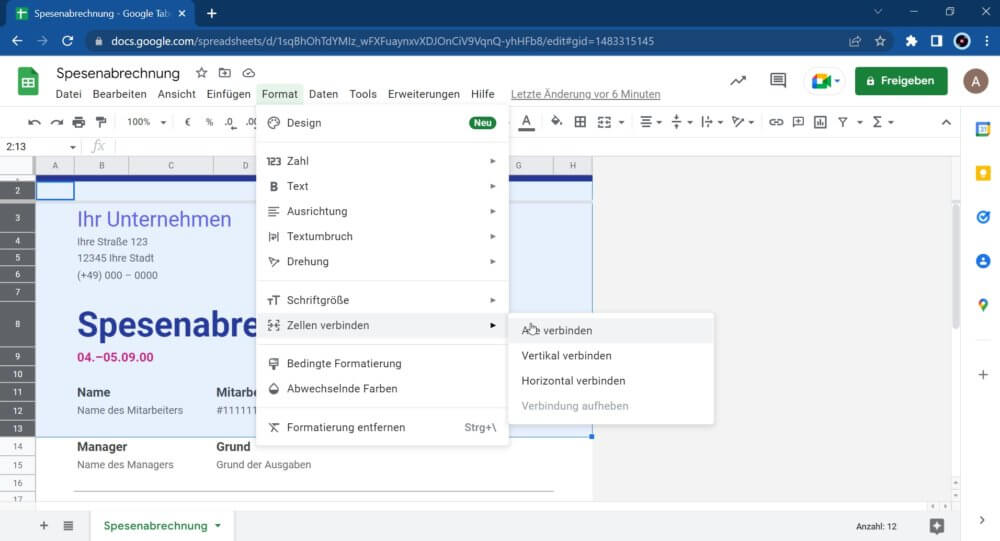 Google Tabellen Spalten fixieren und verbinden