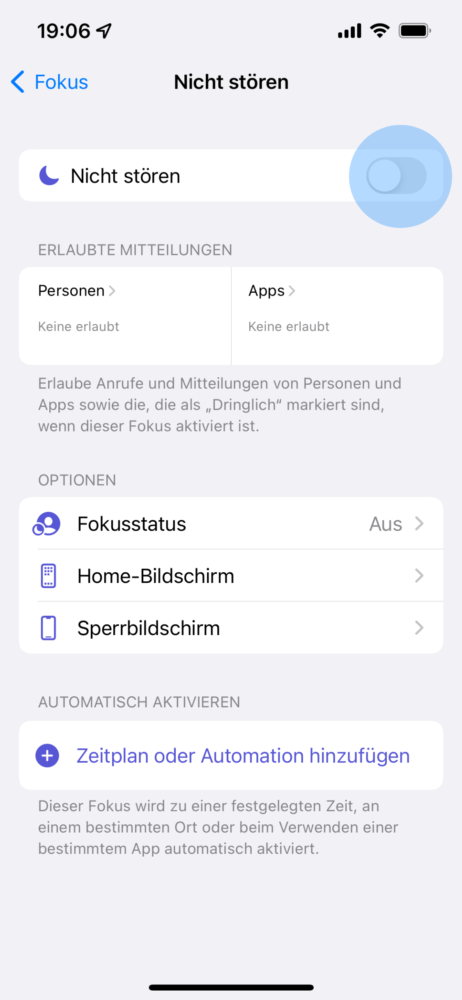 Nicht stören in den Einstellungen einschalten