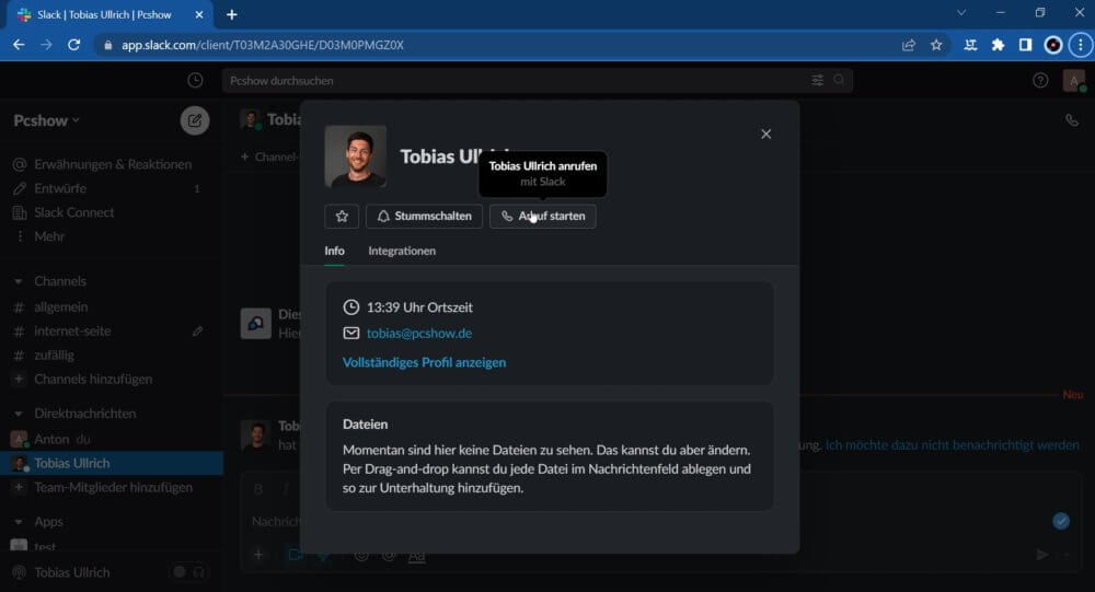 Mit Slack Videoanruf starten an einzelne Person