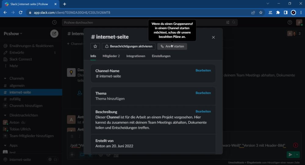 Mit Slack Videoanruf starten an Gruppe