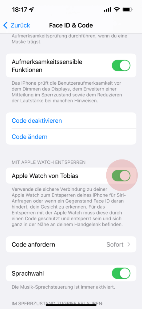 Mit Apple Watch entsperren aktivieren