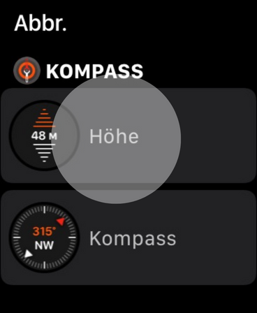 Wähle die Anwendung "Höhe" aus, um auf der Apple Watch den Höhenmesser anzuzeigen