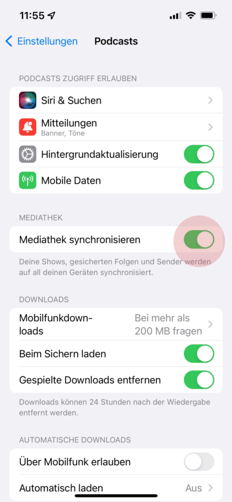 Stelle sicher, das die Option "Mediathek synchronisieren" aktiv ist, um die Apple Watch synchronisieren zu können