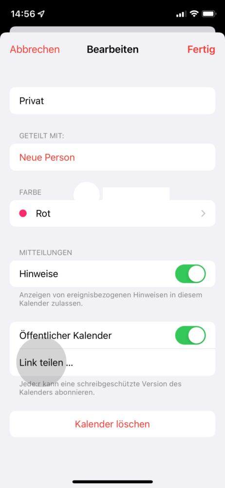 Unter "Link teilen" kannst du den Kalender direkt an eine Person versenden