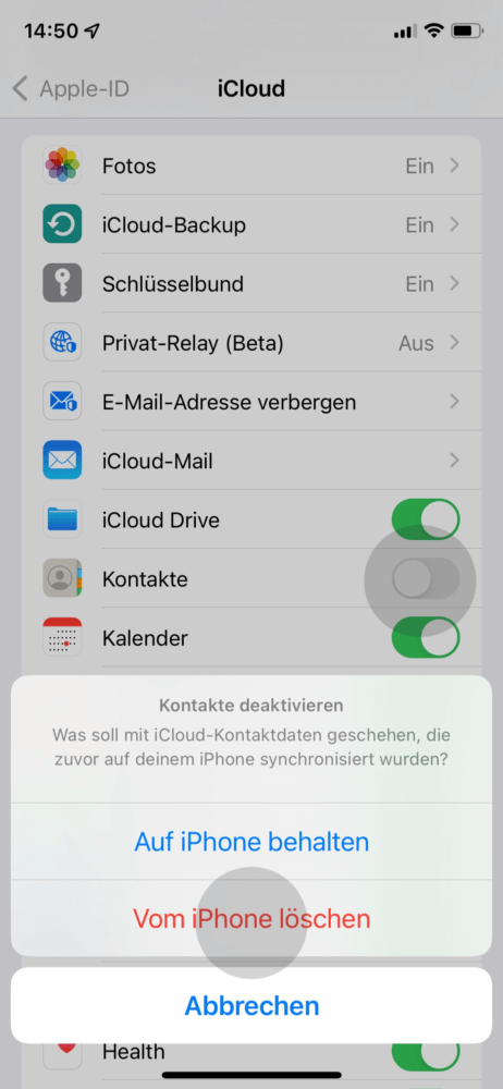 Klicke auf den Schieberegler bei "Kontakte" und bestätige "vom iPhone löschen"