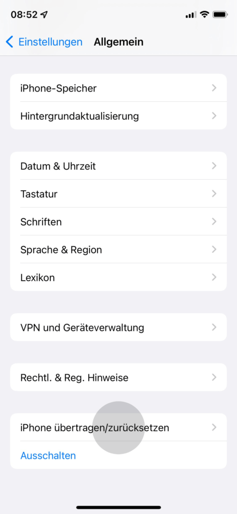Tippe ganz unten auf "Zurücksetzten"