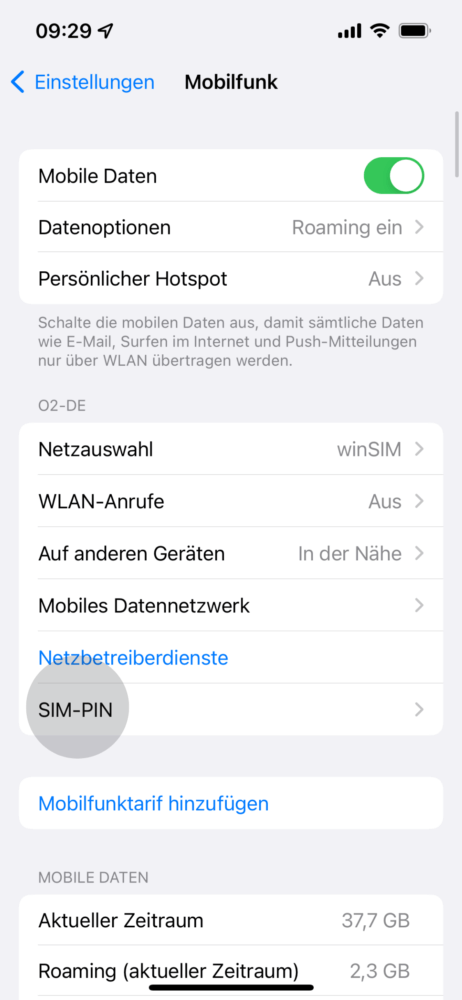 Klicke dann auf SIM PIN, um sie zu ändern