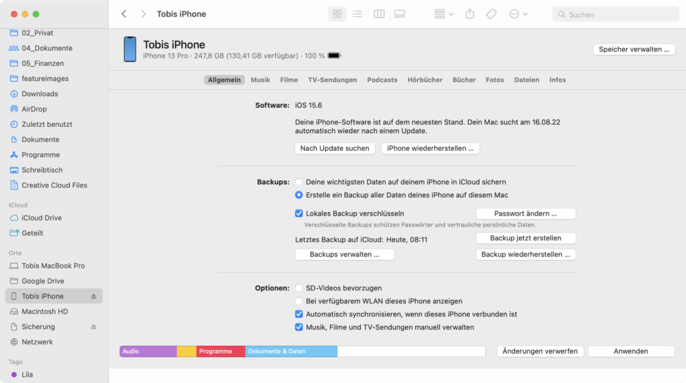 iPhone Backup auf externe Festplatte erstellen am Mac