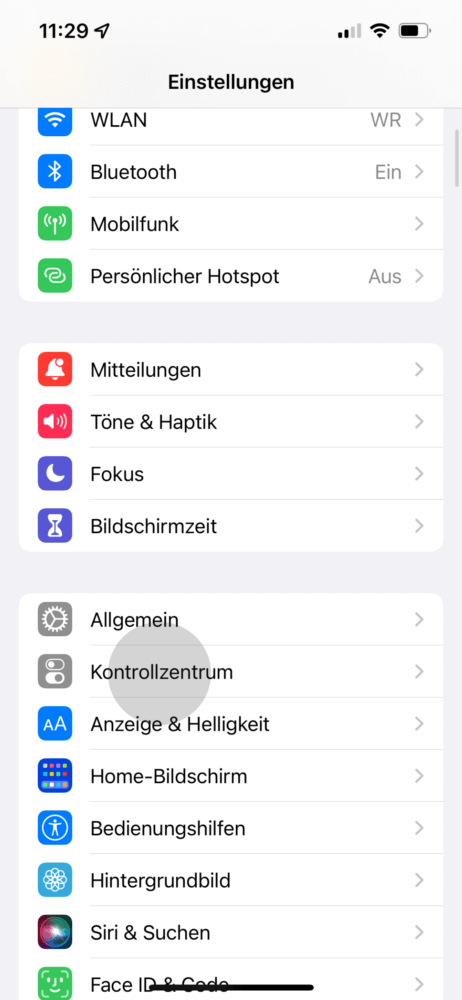 iPhone Kontrollzentrum in den Einstellungen öffnen