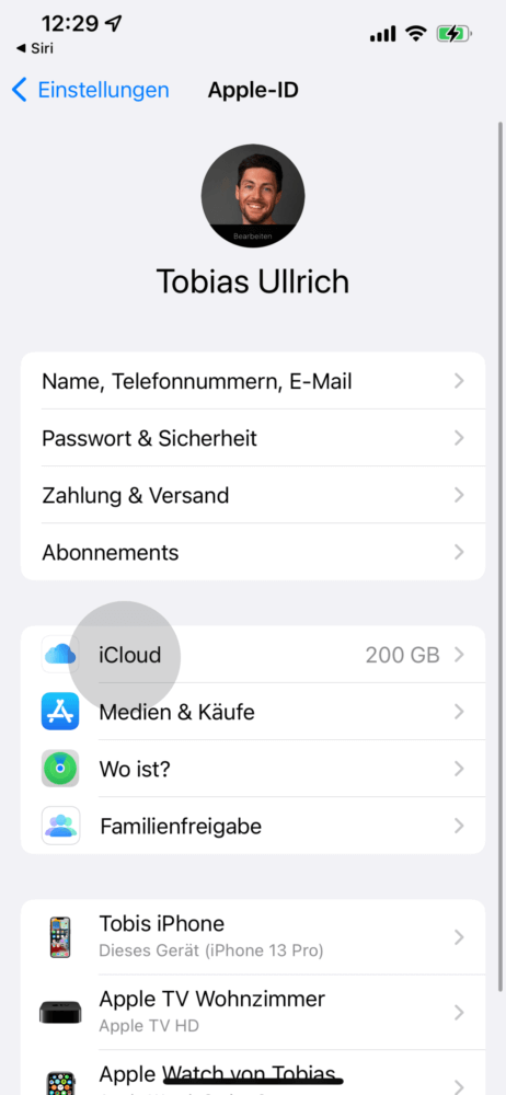 iCloud Einstellungen öffnen