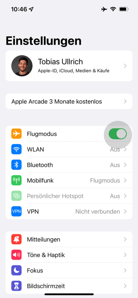 Flugzeugmodus einschalten