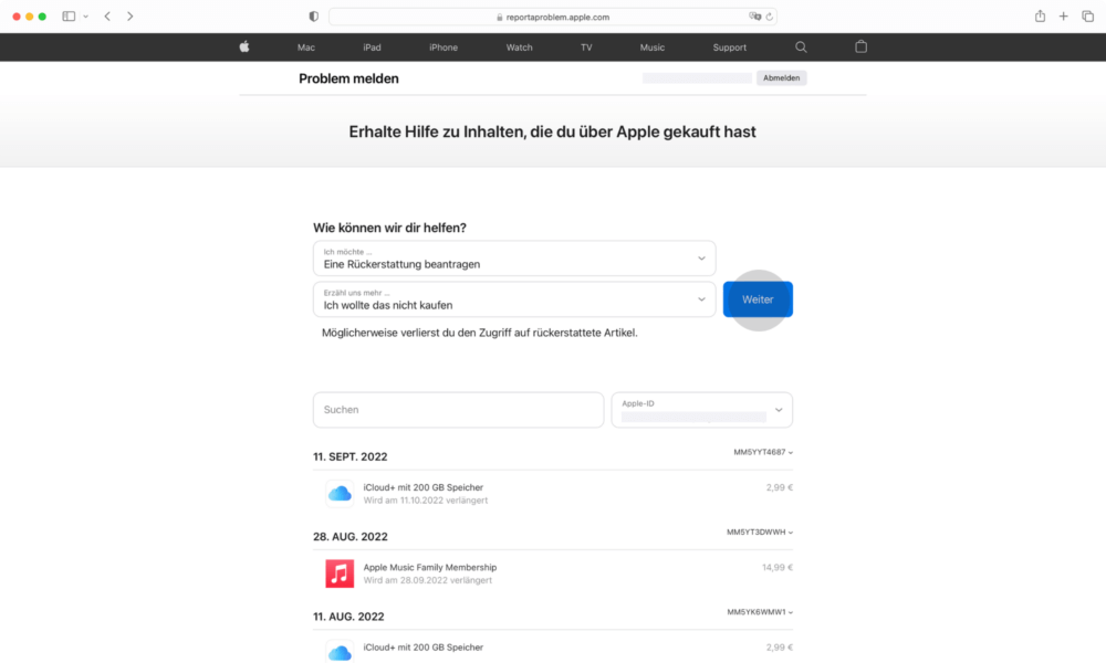 Bei Apple eine App zurückgeben über Onlineformular