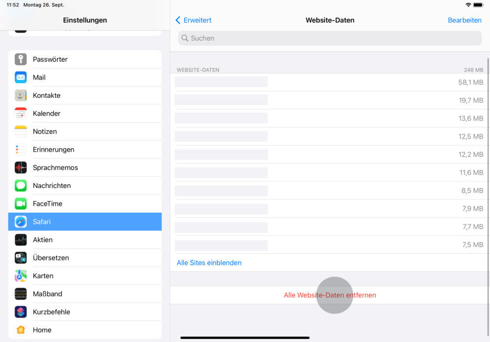 Webseitedaten löschen beim iPad