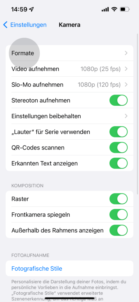 Formate in Foto-Einstellungen antippen
