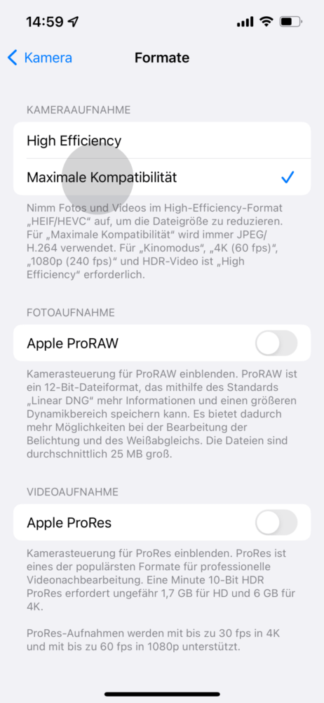 Am iPhone JPG statt HEIC auswählen