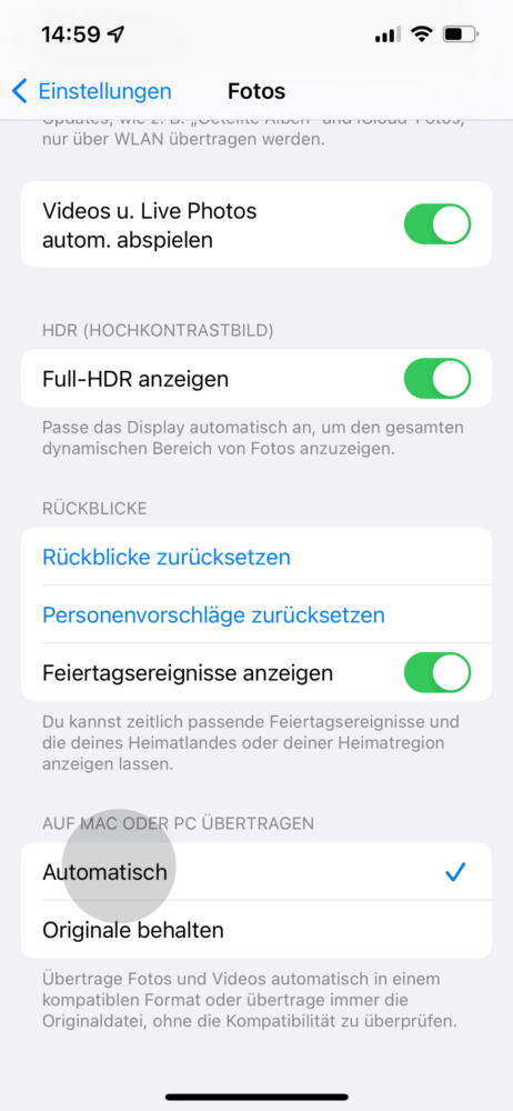 Automatisch vom iPhone JPG statt HEIC übertragen